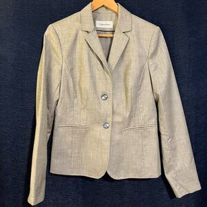 Calvin Klein Gray Blazer with Notched Lapels and Structured Shoulders